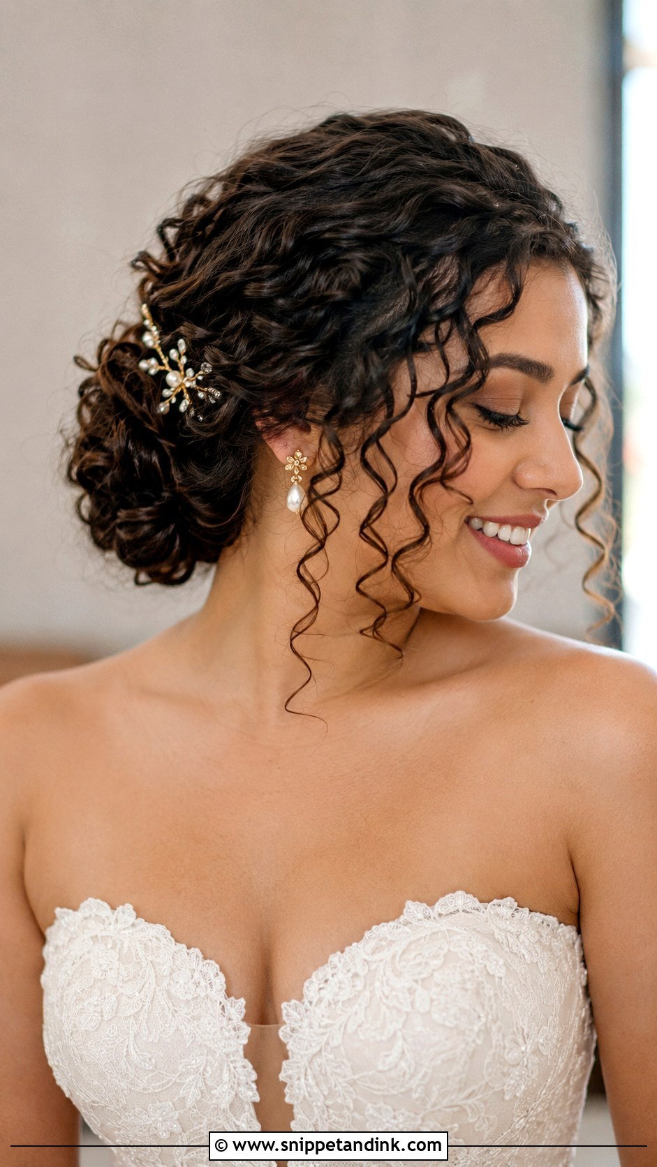 Curly Brunette Low Bun Wedding Hair - Snippet and Ink - 15 Low Bun Brunette Wedding Hair Ideas