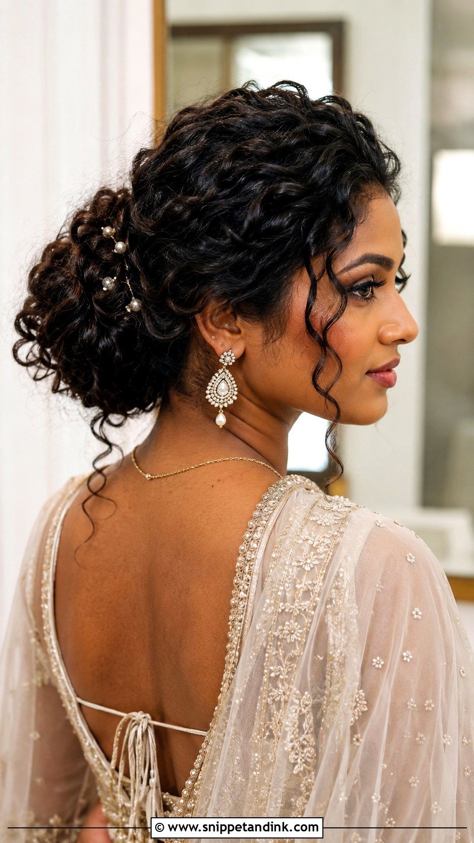 Curly Bun Hairstyle For Indian Wedding Guest - Snippet and Ink - 20 Hair Styles for Indian Wedding Guest