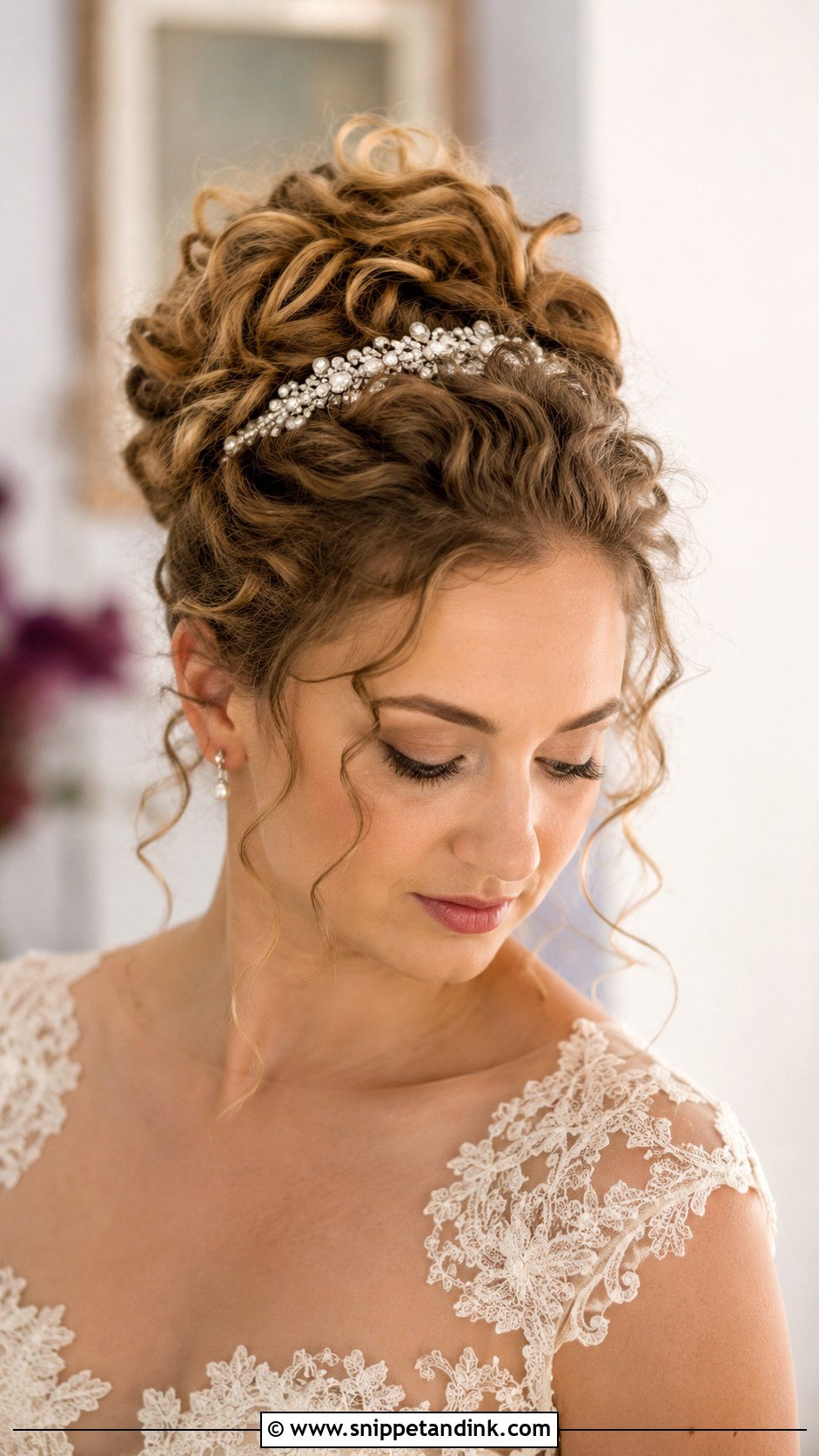 Curly Bun With Beaded Headband - Snippet and Ink - 25 Curly Hair Bride Hairstyles