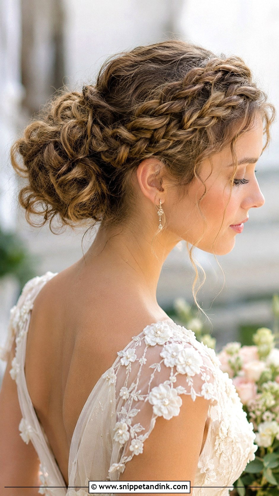 Curly Bun With Braided Crown - Snippet and Ink - 30 Curly Hair Updo Wedding Ideas