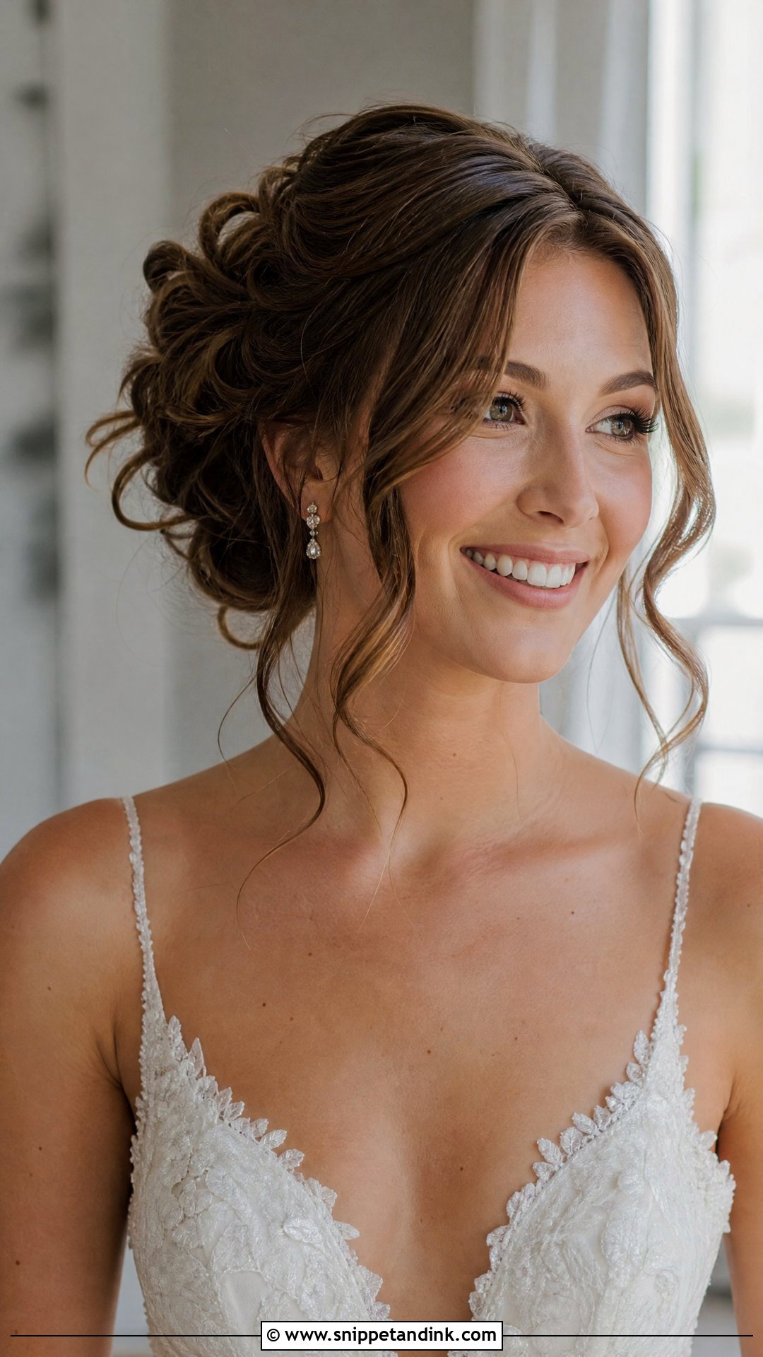 Curly Bun With Curtain Bangs Wedding Hairstyle - Snippet and Ink - 20 Curly Bun Wedding Hairstyles