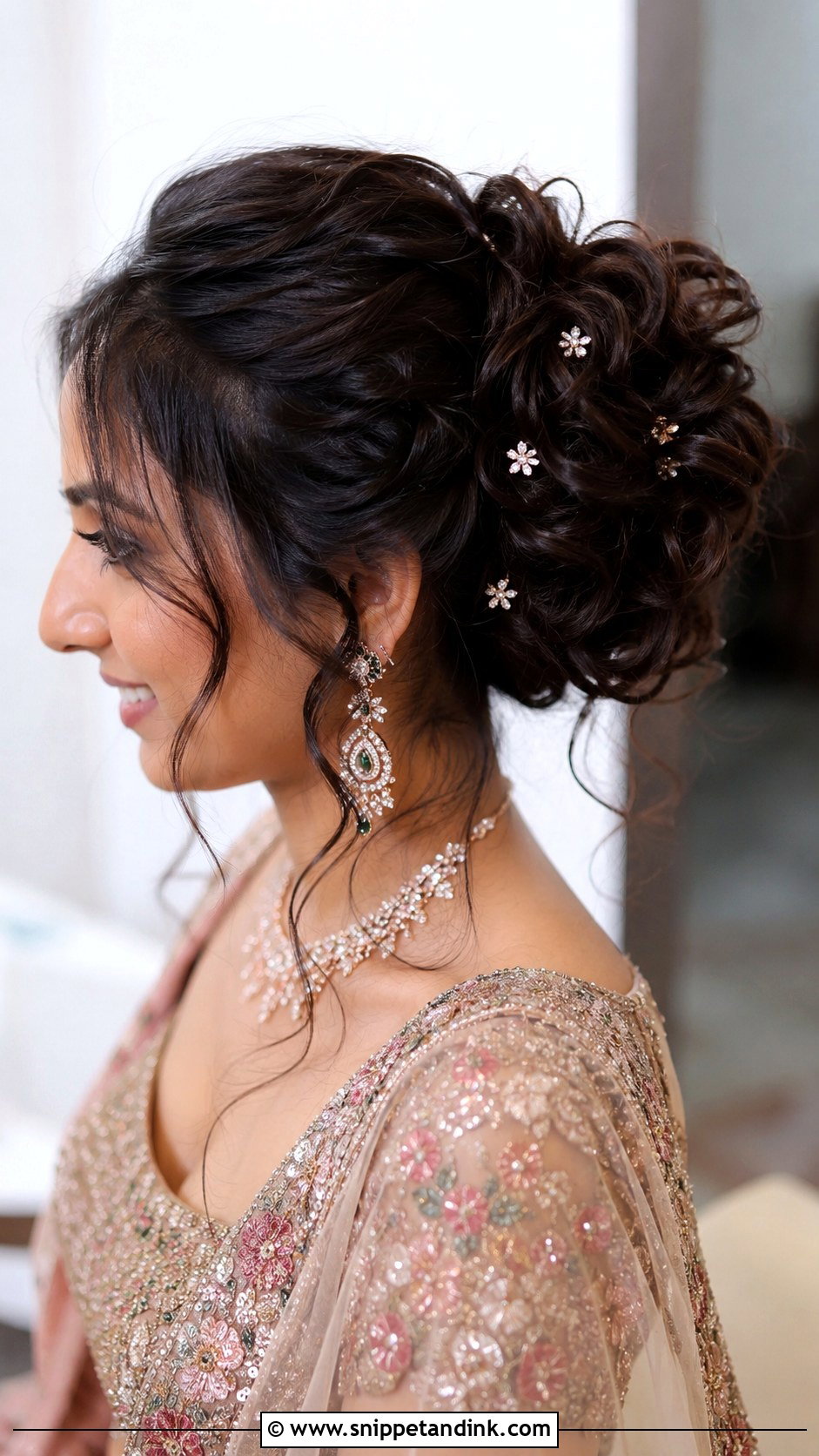 Curly Bun With Decorative Pins - Snippet and Ink - 20 Indian Bridal Hairstyle Ideas
