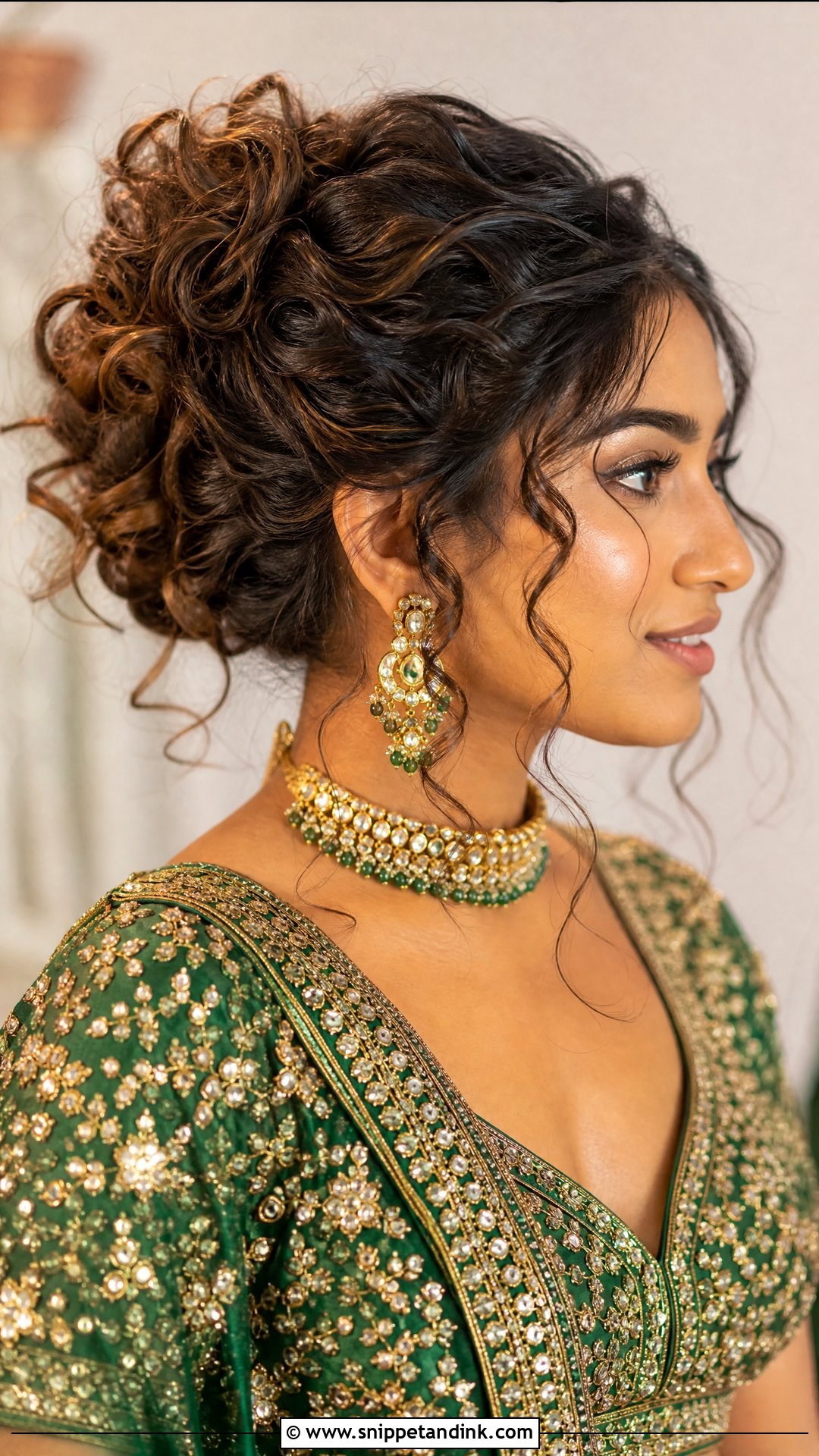 Curly Bun With Loose Tendrils - Snippet and Ink - 20 Indian Wedding Bun Bridal Hairstyle Ideas