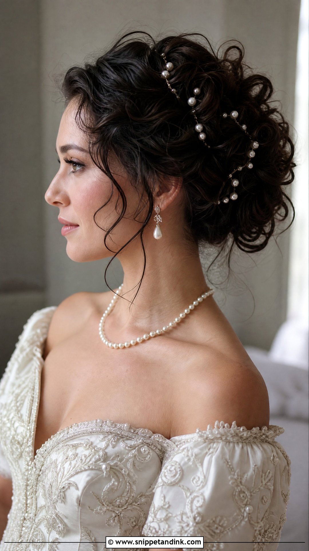 Curly Bun With Pearls Wedding Hairstyle - Snippet and Ink - 20 Curly Bun Wedding Hairstyles