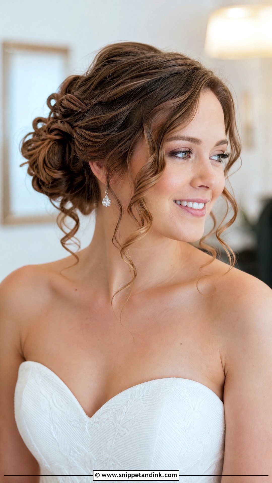 Curly Bun With Tendrils Wedding Hairstyle - Snippet and Ink - 20 Curly Bun Wedding Hairstyles