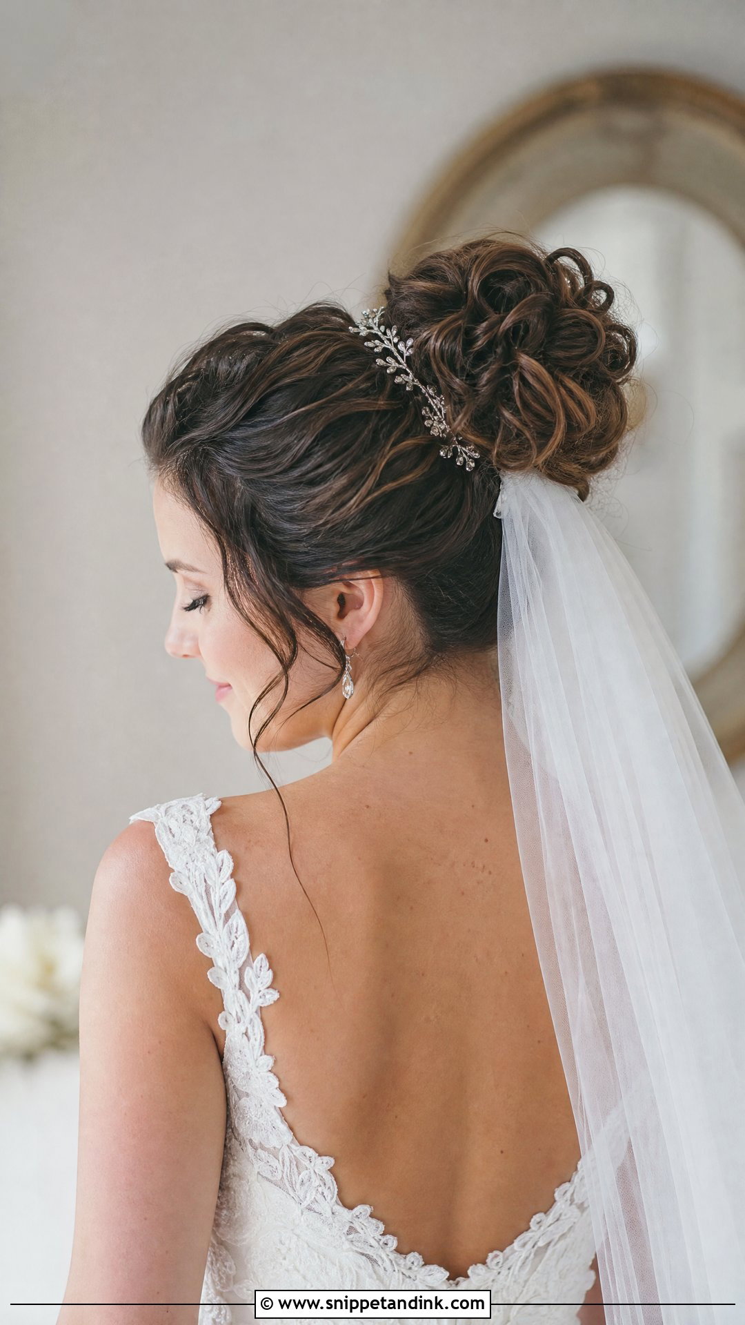 Curly Bun With Veil Wedding Hairstyle - Snippet and Ink - 20 Curly Bun Wedding Hairstyles