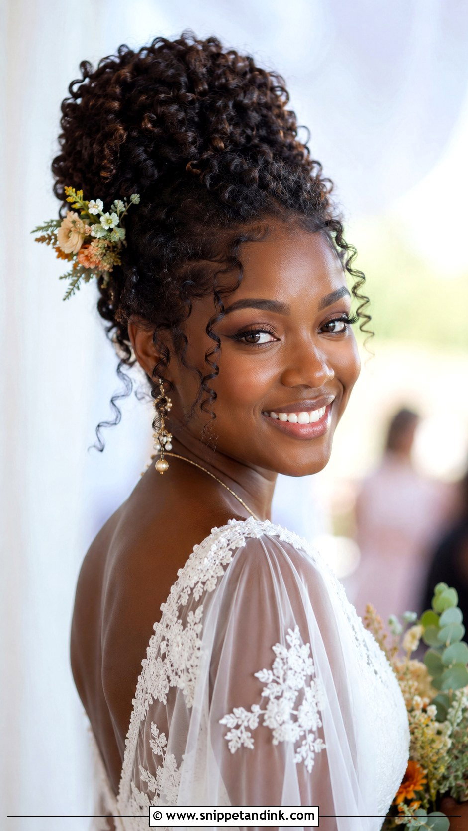 Curly Bun for Natural Hair Brides - Snippet and Ink - 30 Bridal Bun Hairstyles