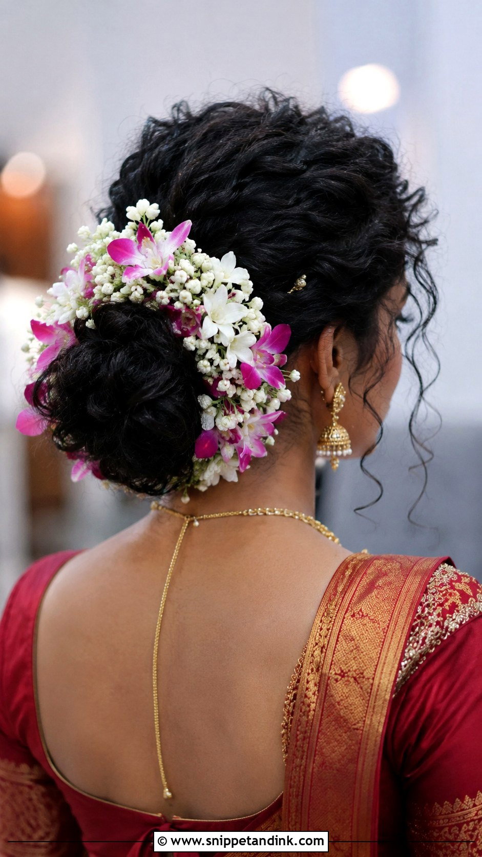 Curly Bun with Fresh Flowers - Snippet and Ink - 25 South Indian Bride Muhurtham Hairstyle Ideas