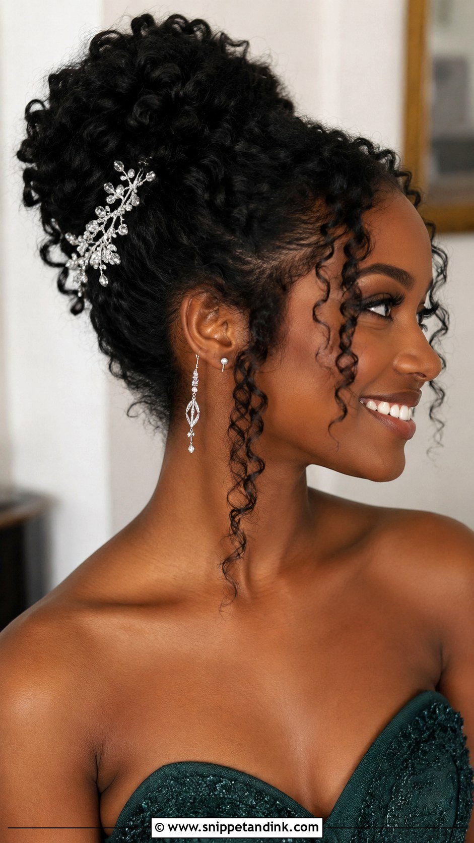 Curly Bun with Side Strands for Engagement - Snippet and Ink - 20 Simple Hairstyle for Engagement Ideas