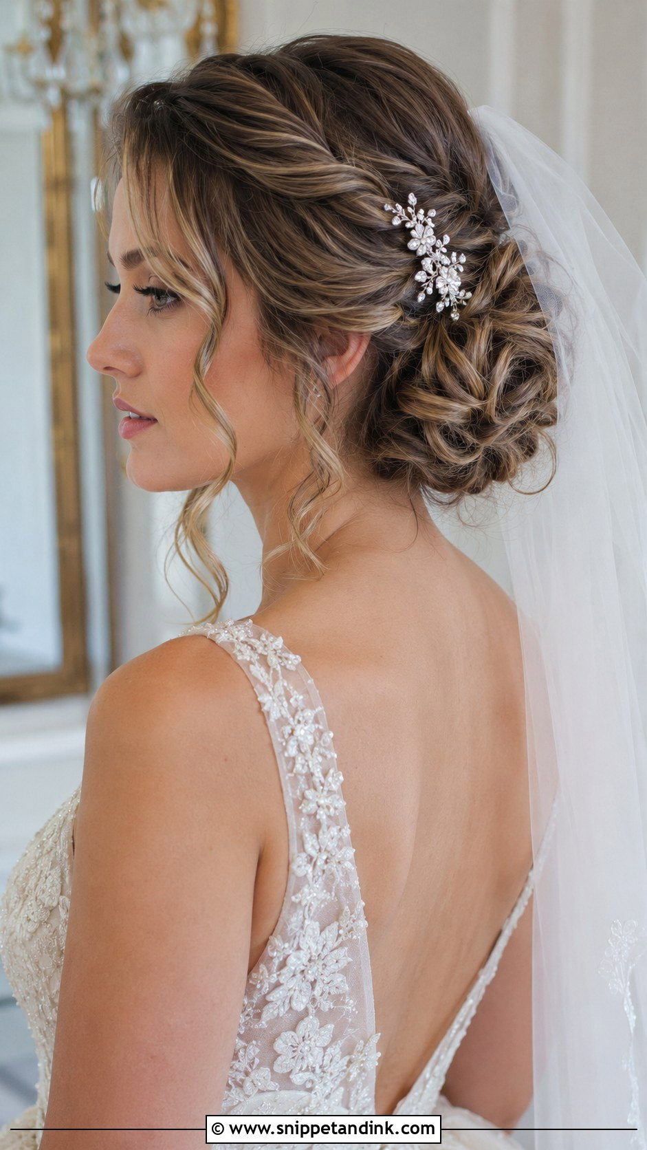 Curly Chignon With Veil - Snippet and Ink - 20 Curly Hair with Veil Ideas