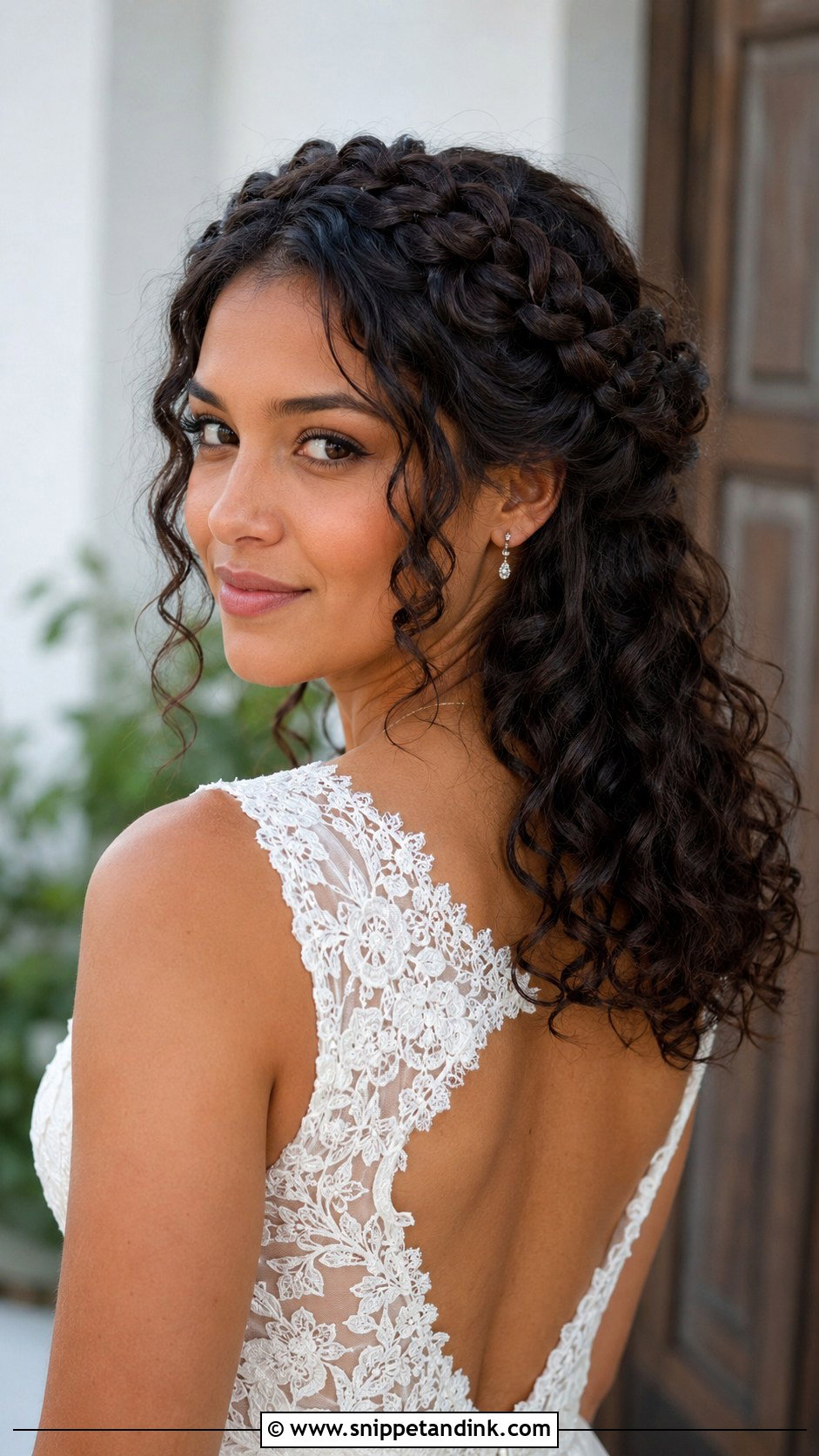 Curly Crown Braid Bridal Look - Snippet and Ink - 20 Bride with Curly Hair Ideas