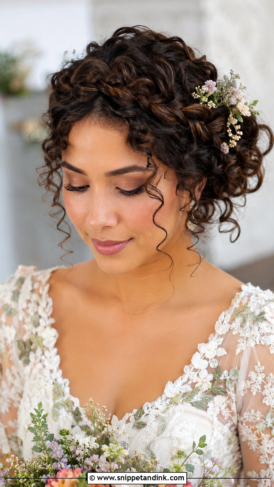 Curly Crown Braid Updo - Snippet and Ink - 30 Curly Hair Updo Wedding Ideas