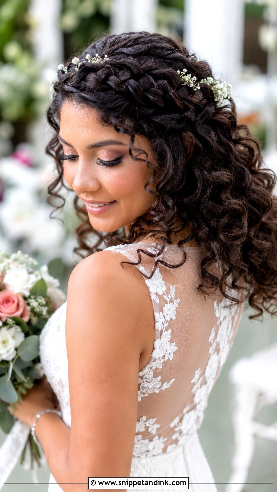 Curly Crown Braid Wedding Hair - Snippet and Ink - 20 Long Curly Bridal Hair Ideas