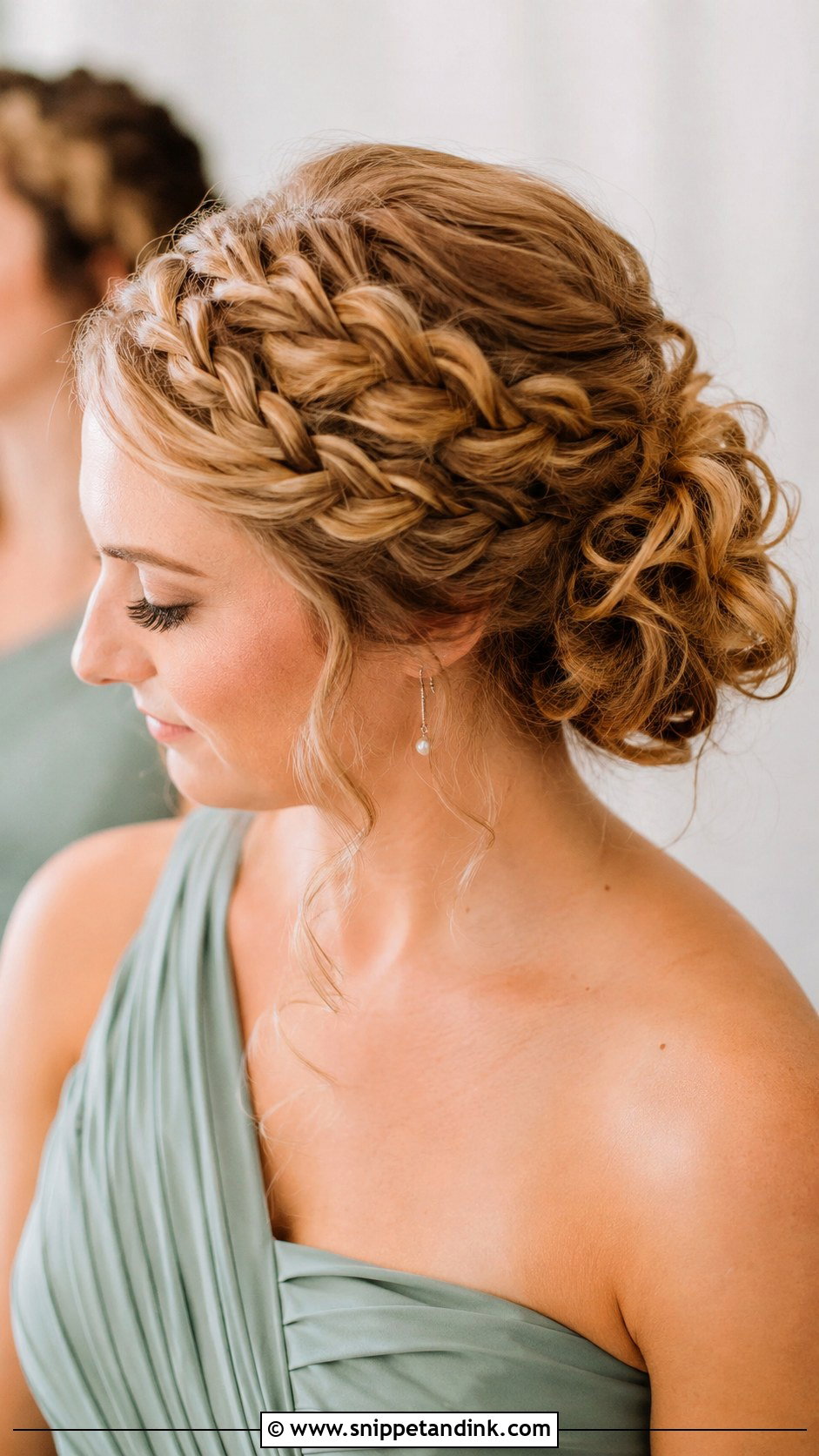 Curly Crown Braid With Low Bun - Snippet and Ink - 25 Curly Hair Bridesmaid Styles