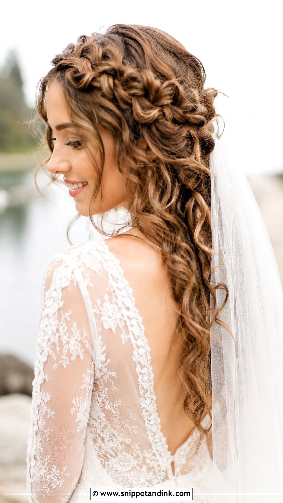 Curly Crown Braid With Veil - Snippet and Ink - 20 Curly Hair with Veil Ideas