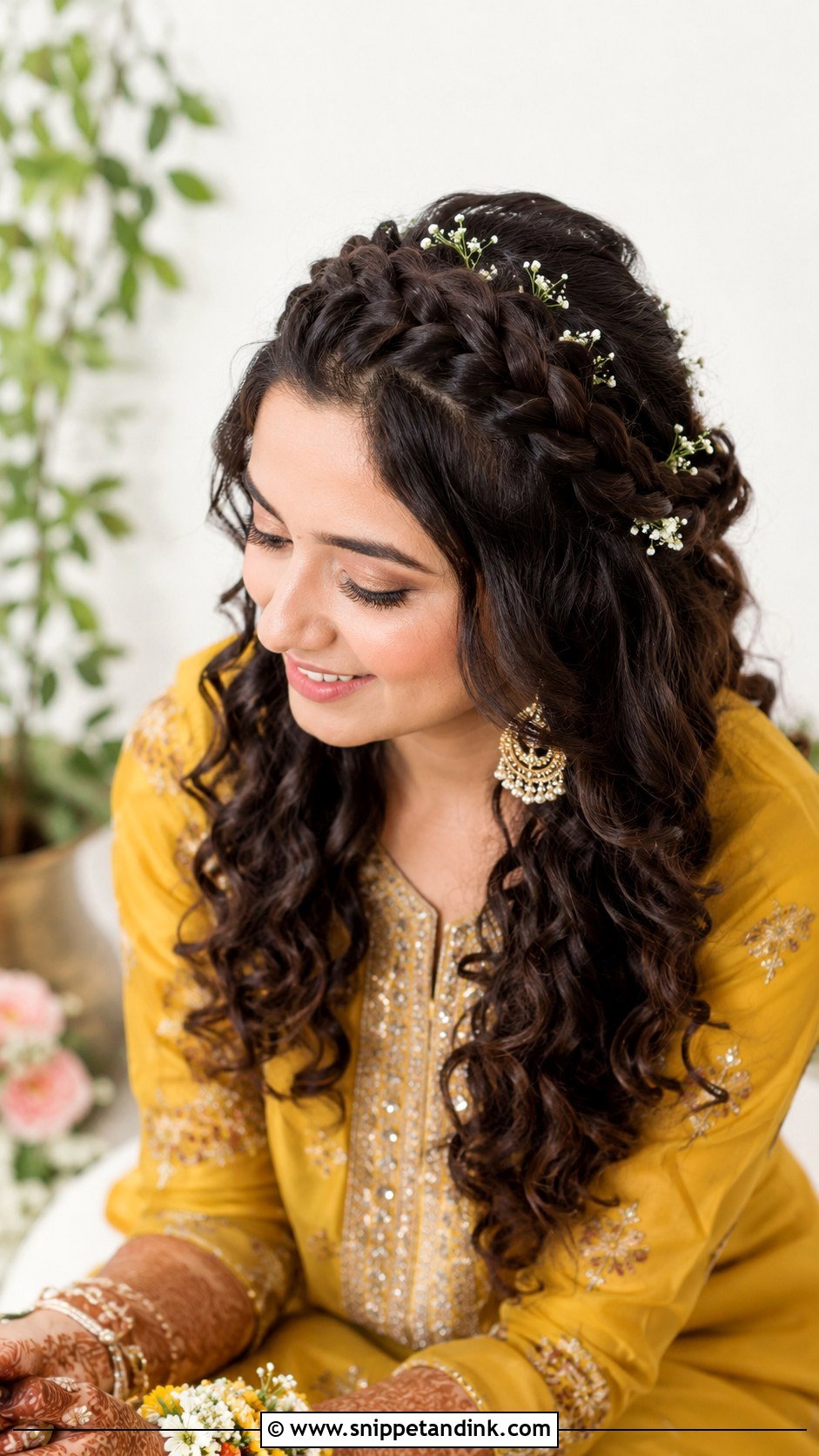 Curly Crown Braid for Indian Wedding - Snippet and Ink - 25 Curls Open Hairstyles Indian Wedding