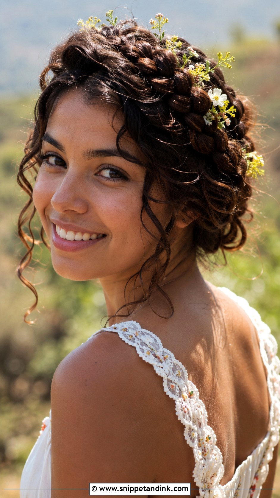 Curly Crown Braid for Wedding Guest - Snippet and Ink - 25 Curly Hair Hairstyles for Wedding Guest