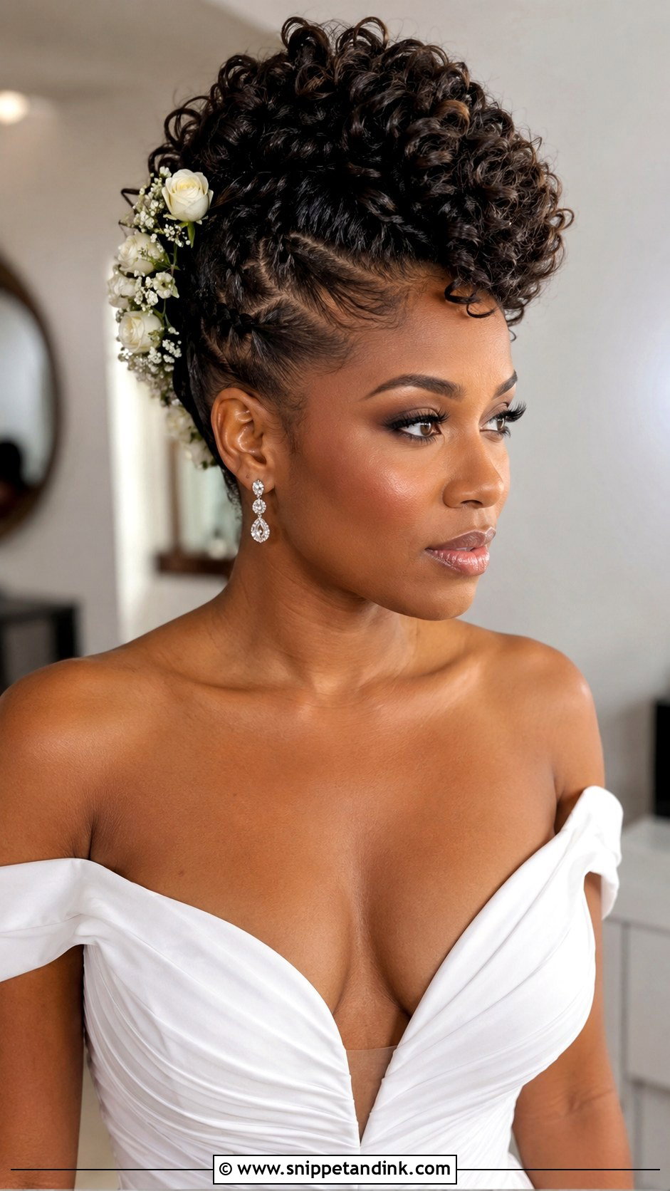 Curly Faux Hawk With Florals - Snippet and Ink - 25 Natural Hair Bridal Hairstyles
