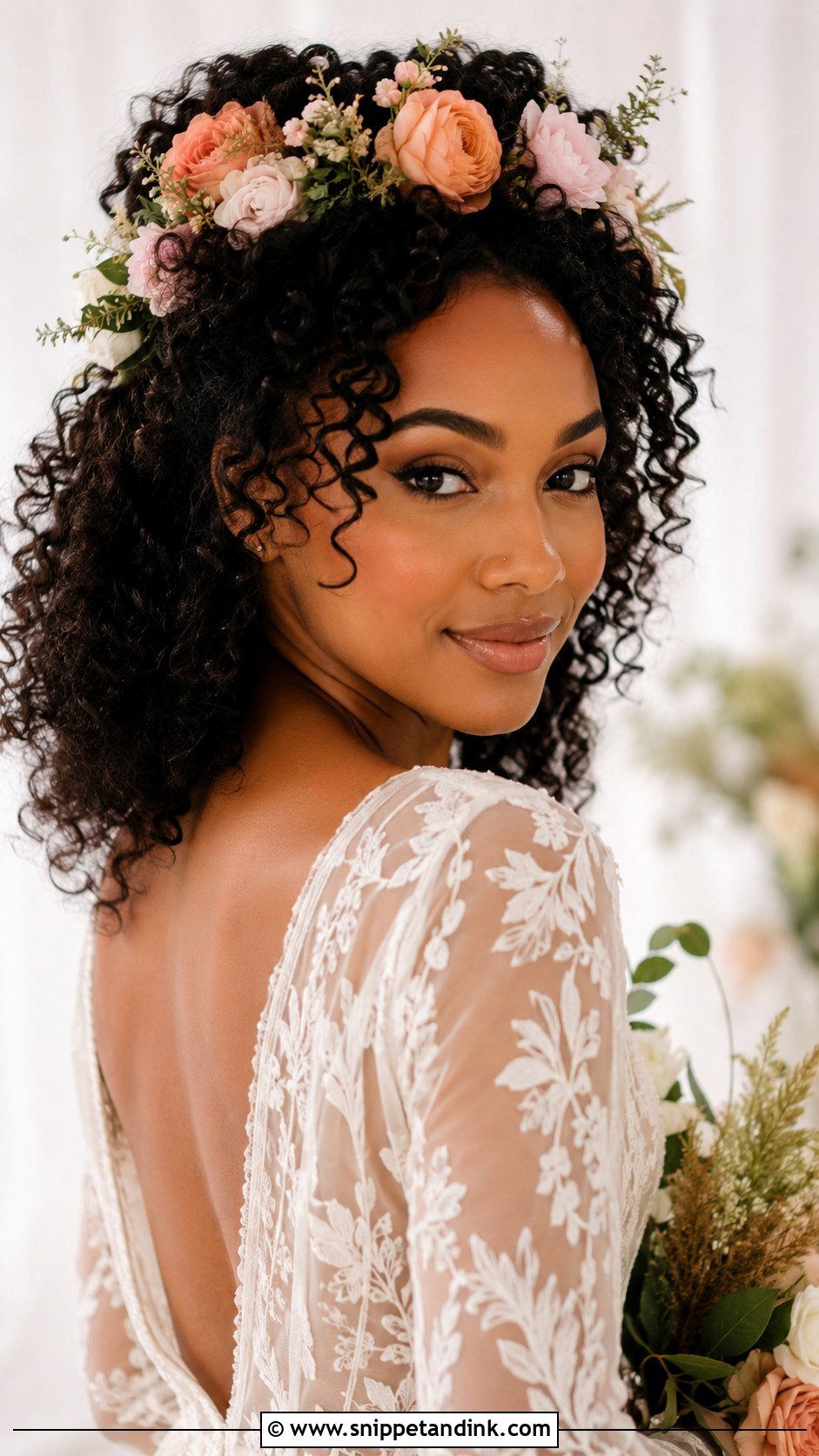 Curly Floral Crown Bridal Look - Snippet and Ink - 25 Curly Bridal Hairstyles