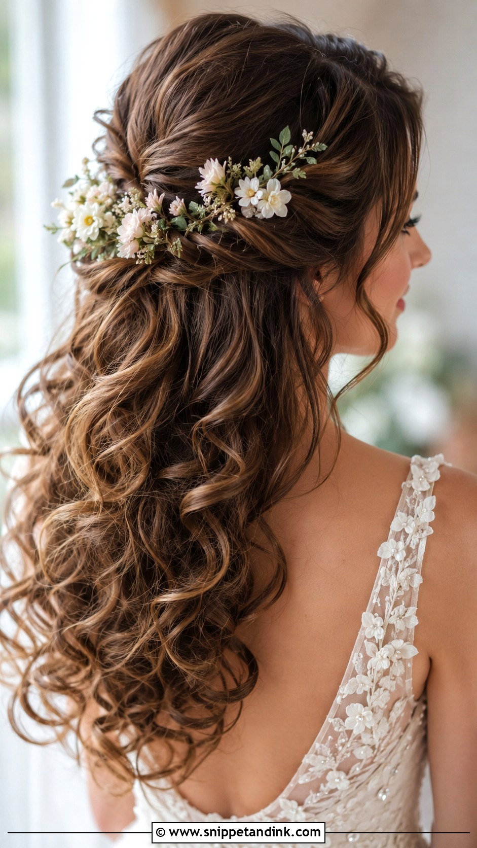 Curly Flower Adorned Half Up Hairstyle - Snippet and Ink - 20 Curly Hairstyles for Medium Hair Wedding