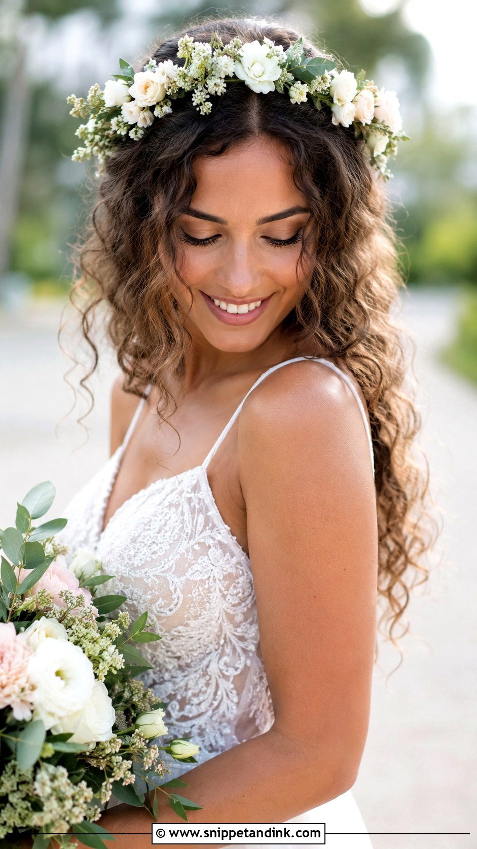 Curly Flower Crown Wedding Hairstyle - Snippet and Ink - 30 Curly Hair Wedding Ideas