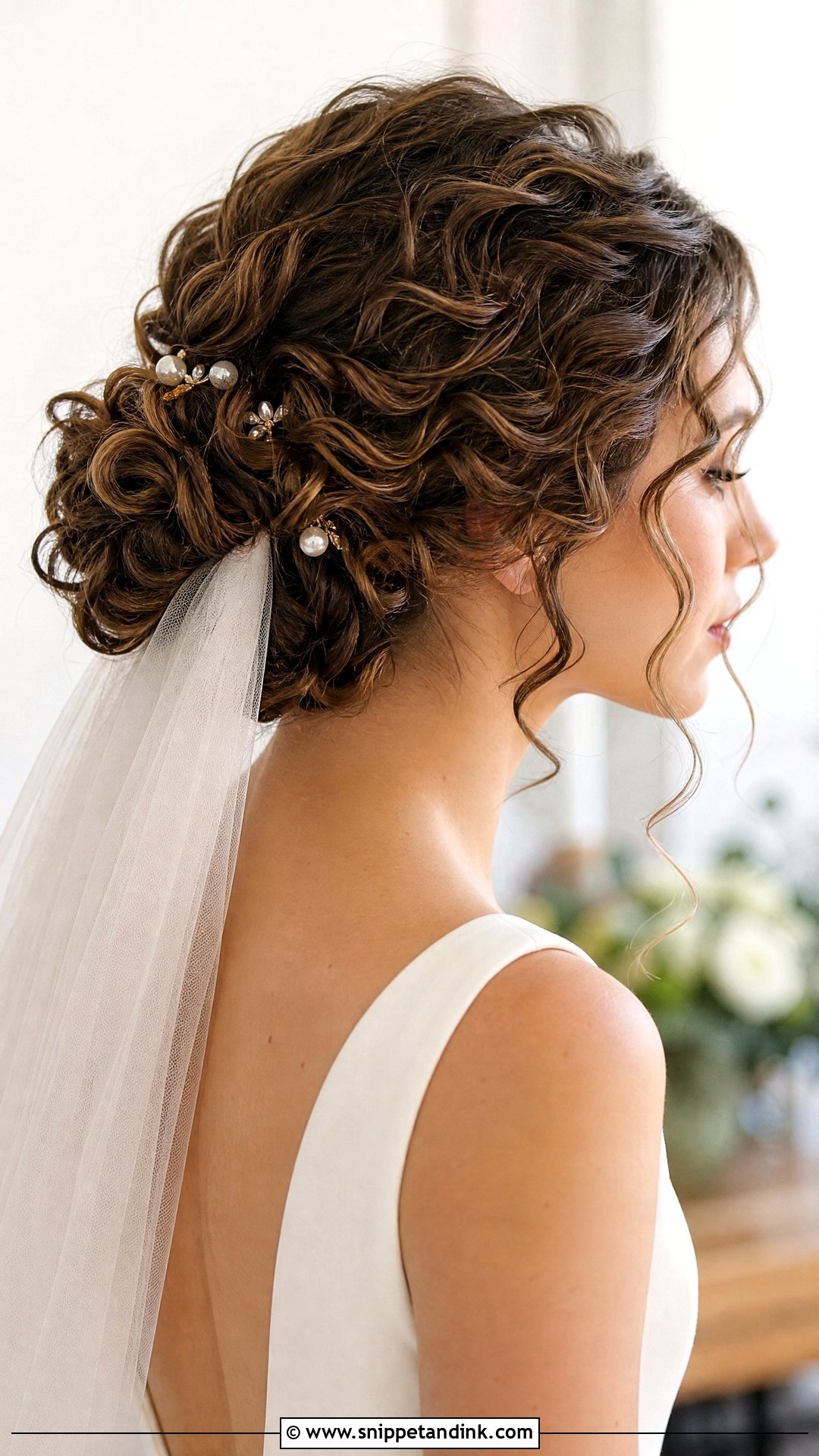 Curly Hair Bridal Low Bun - Snippet and Ink - 15 Curly Hair Bridal Updo Ideas
