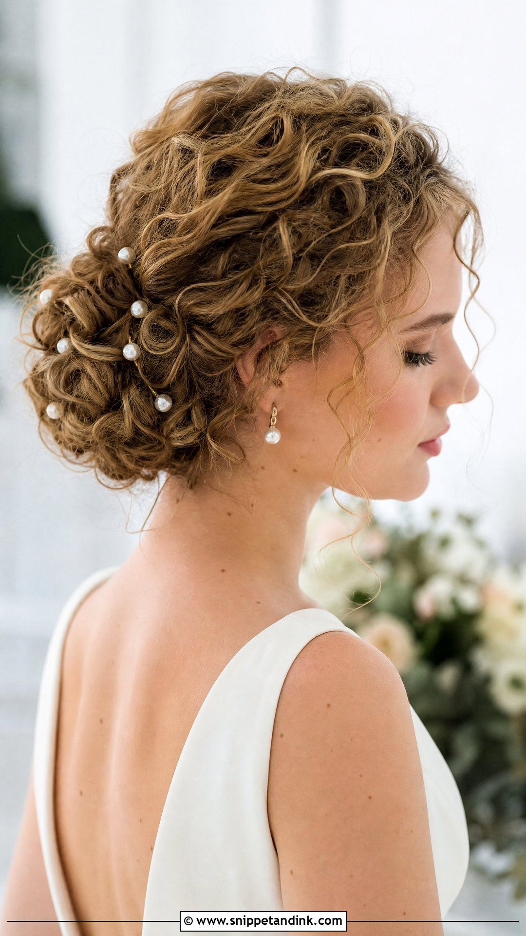 Curly Hair Bridal Updo With Pearl Pins - Snippet and Ink - 15 Curly Hair Bridal Updo Ideas