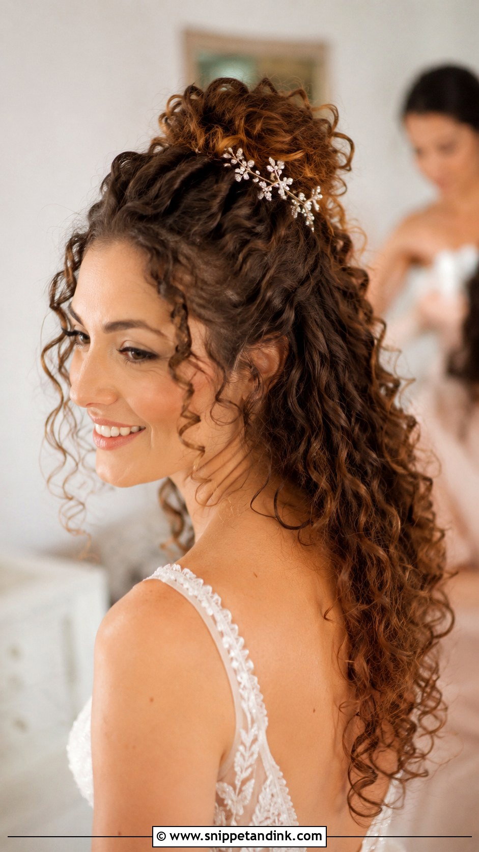 Curly Hair Bride with Half Up Bun - Snippet and Ink - 30 Curly Hair Bride Ideas
