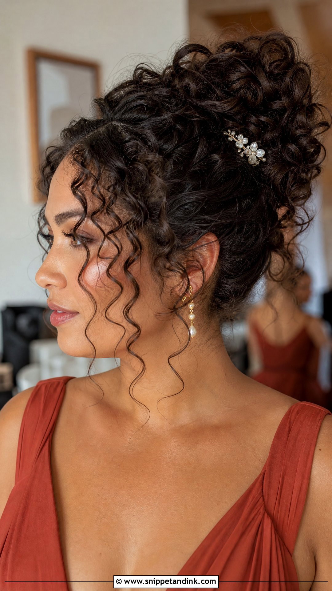 Curly Hair Bun With Front Flicks - Snippet and Ink - 20 Hairstyles for Bride Sister
