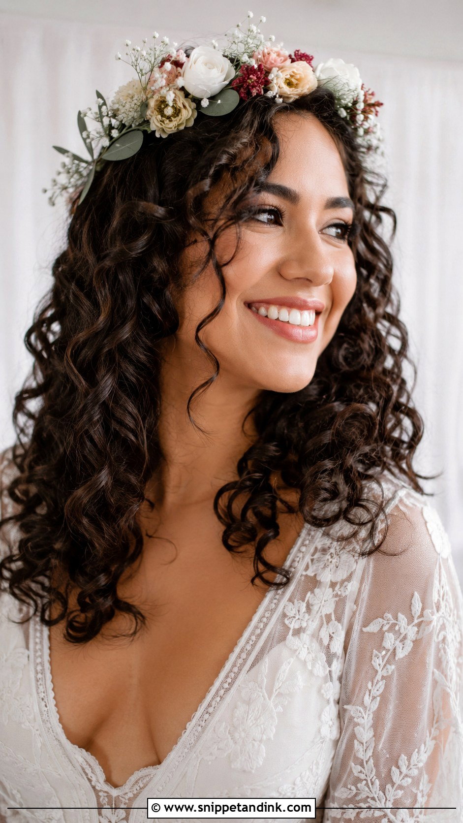 Curly Hair Down With Floral Crown - Snippet and Ink - 20 Curly Hairstyles for Medium Hair Wedding