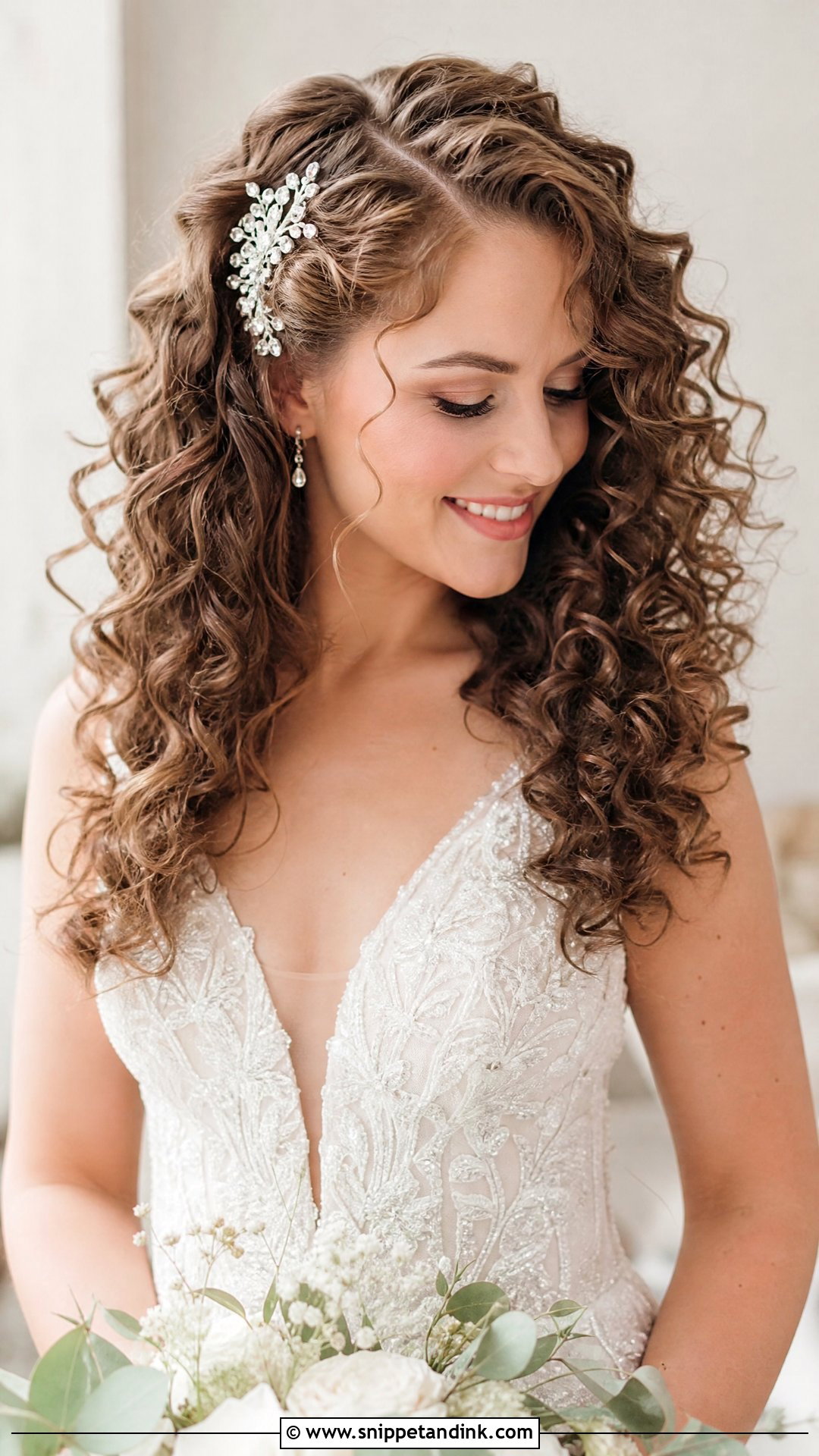 Curly Hair Down With Side Part - Snippet and Ink - 20 Curly Hair Bride Wedding Day Ideas