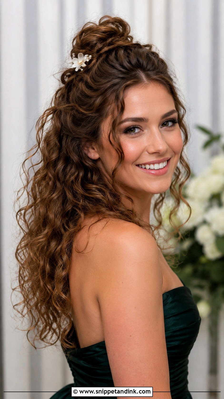 Curly Hair Down With Top Knot - Snippet and Ink - 25 Long Curly Wedding Hair Ideas