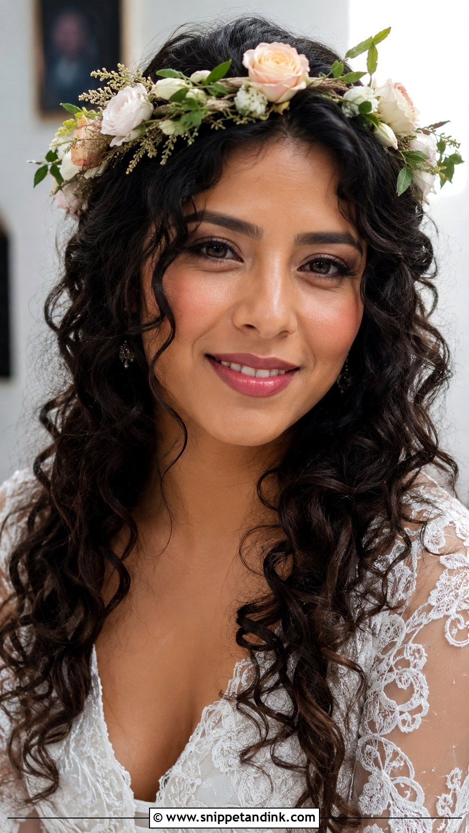 Curly Hair Flower Crown Bridal Look - Snippet and Ink - 25 Curly Hair Bridal Hairstyles