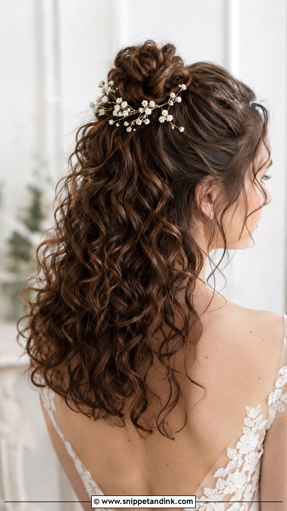 Curly Hair Half Up Bun - Snippet and Ink - 25 Curly Hair Bridal Hairstyles