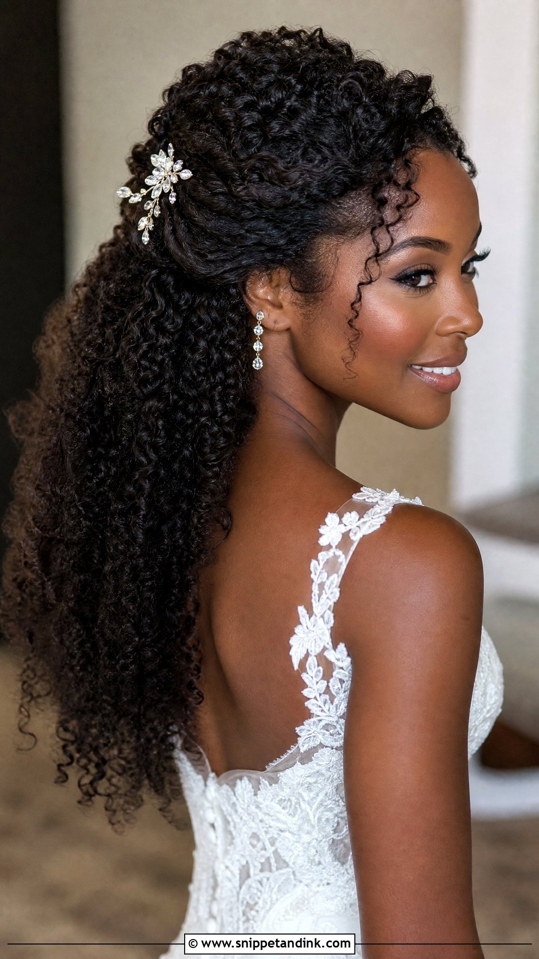 Curly Hair Half Up Style - Snippet and Ink - 20 Bride Hairstyles Front View