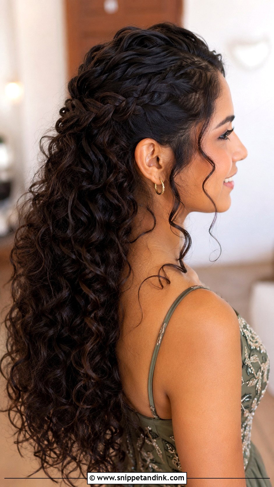 Curly Hair Half Up With Braided Detail - Snippet and Ink - 20 Wedding Guest Hair Curly Ideas