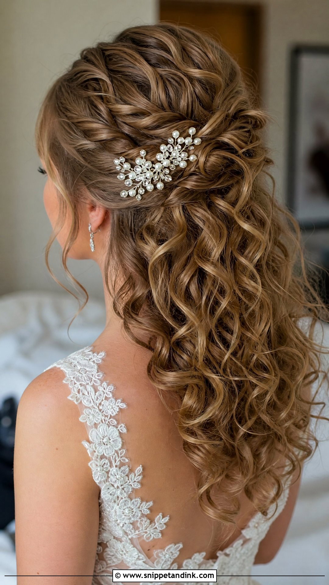 Curly Hair Half Up With Hair Comb - Snippet and Ink - 20 Curly Hair Bride Wedding Day Ideas