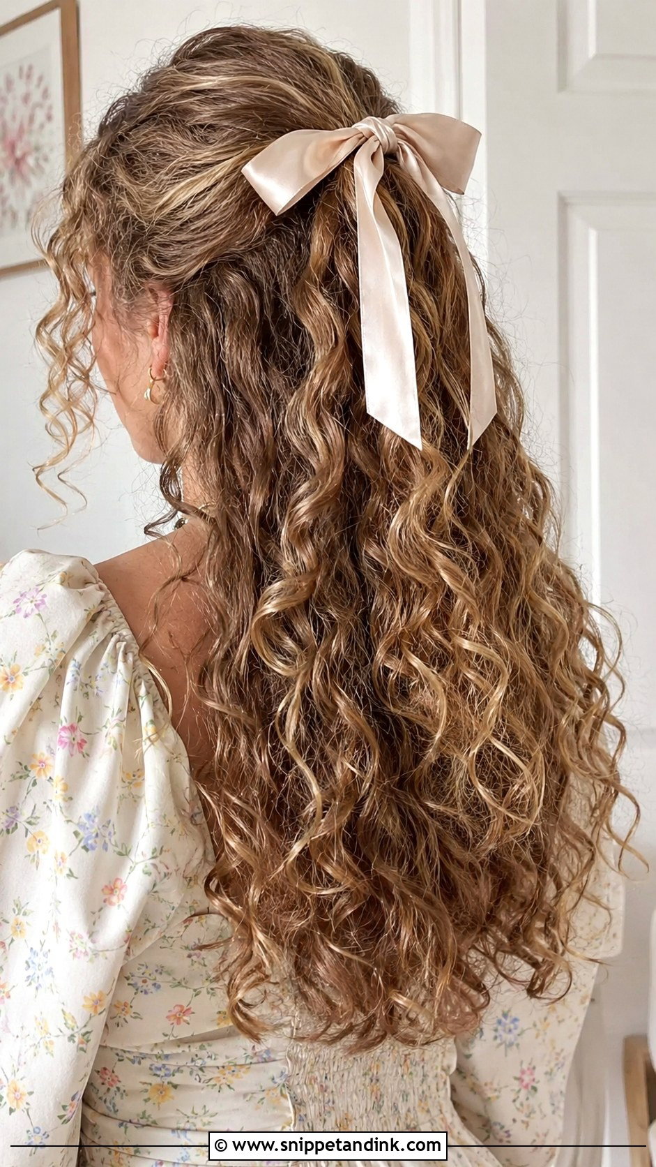 Curly Hair Half Up with Bow for Wedding Guest - Snippet and Ink - 25 Curly Hair Hairstyles for Wedding Guest