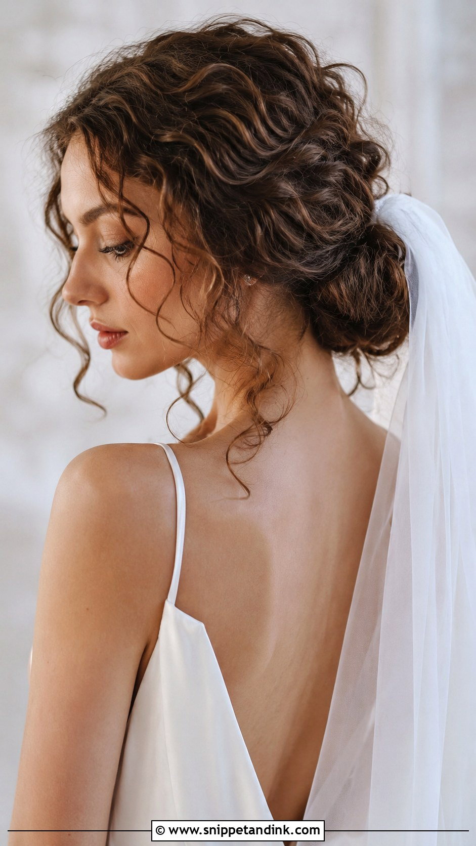 Curly Hair Low Knot With Tendrils - Snippet and Ink - 25 Long Curly Wedding Hair Ideas