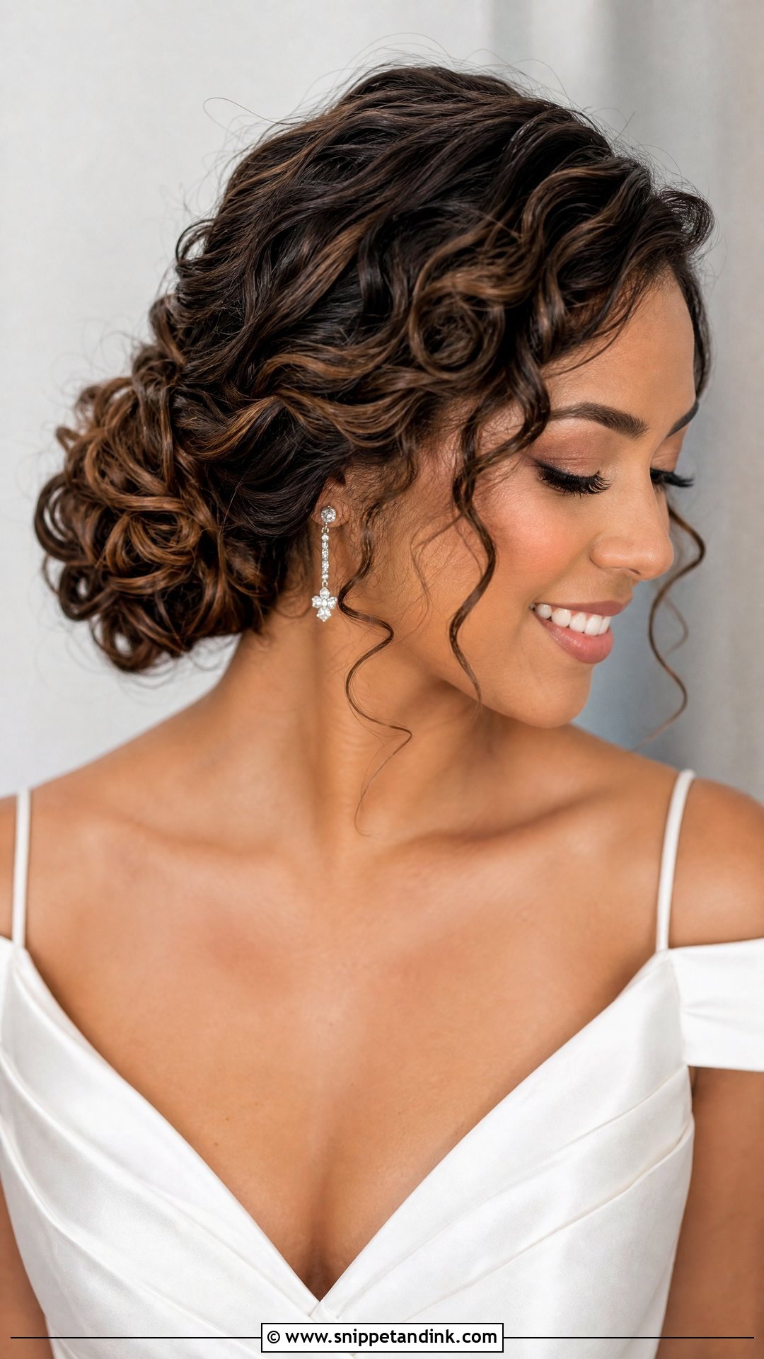 Curly Hair Low Side Bun - Snippet and Ink - 20 Curly Hair Bride Wedding Day Ideas