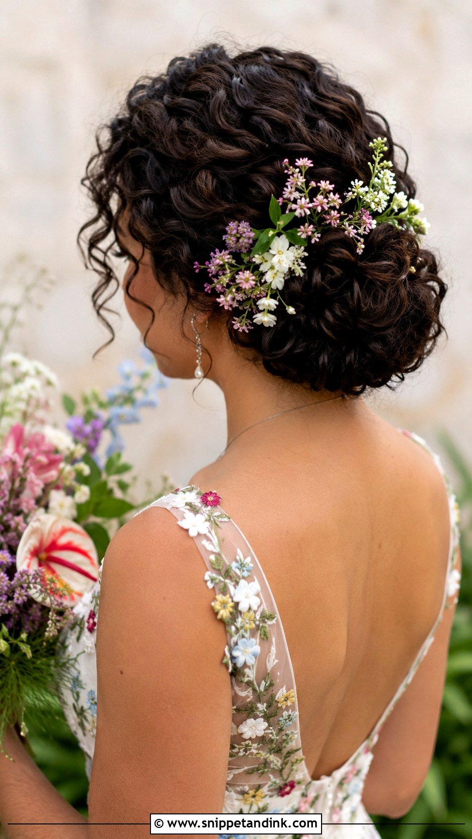 Curly Hair Low Updo With Flowers - Snippet and Ink - 20 Wedding Hairstyles for Natural Curly Hair