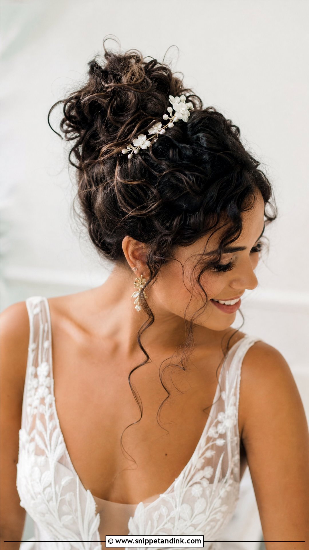 Curly Hair Messy Bun Wedding Look - Snippet and Ink - 20 Curly Hair Bride Wedding Day Ideas