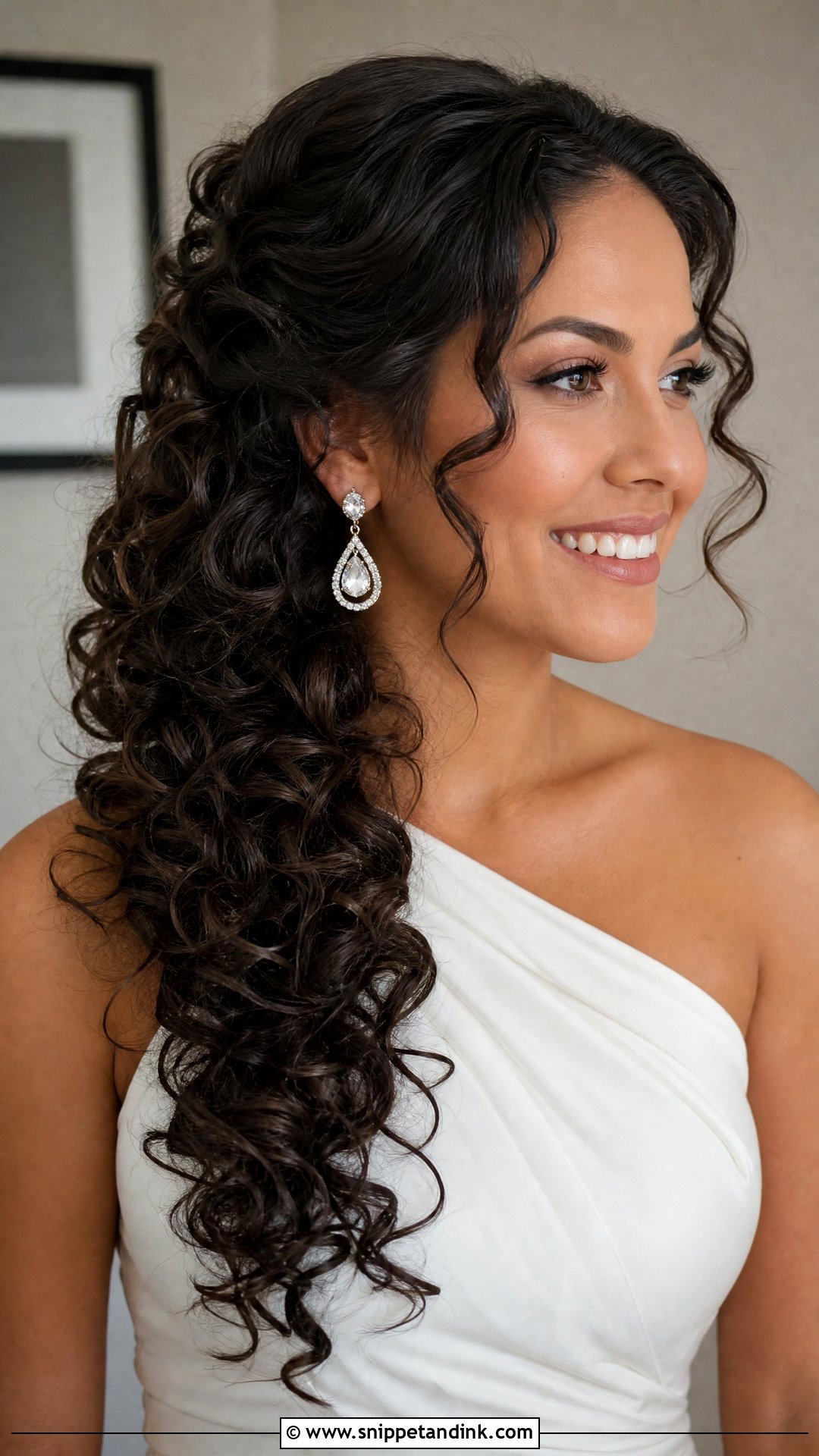 Curly Hair Side Swept Wedding Style - Snippet and Ink - 20 Curly Hair Bride Wedding Day Ideas