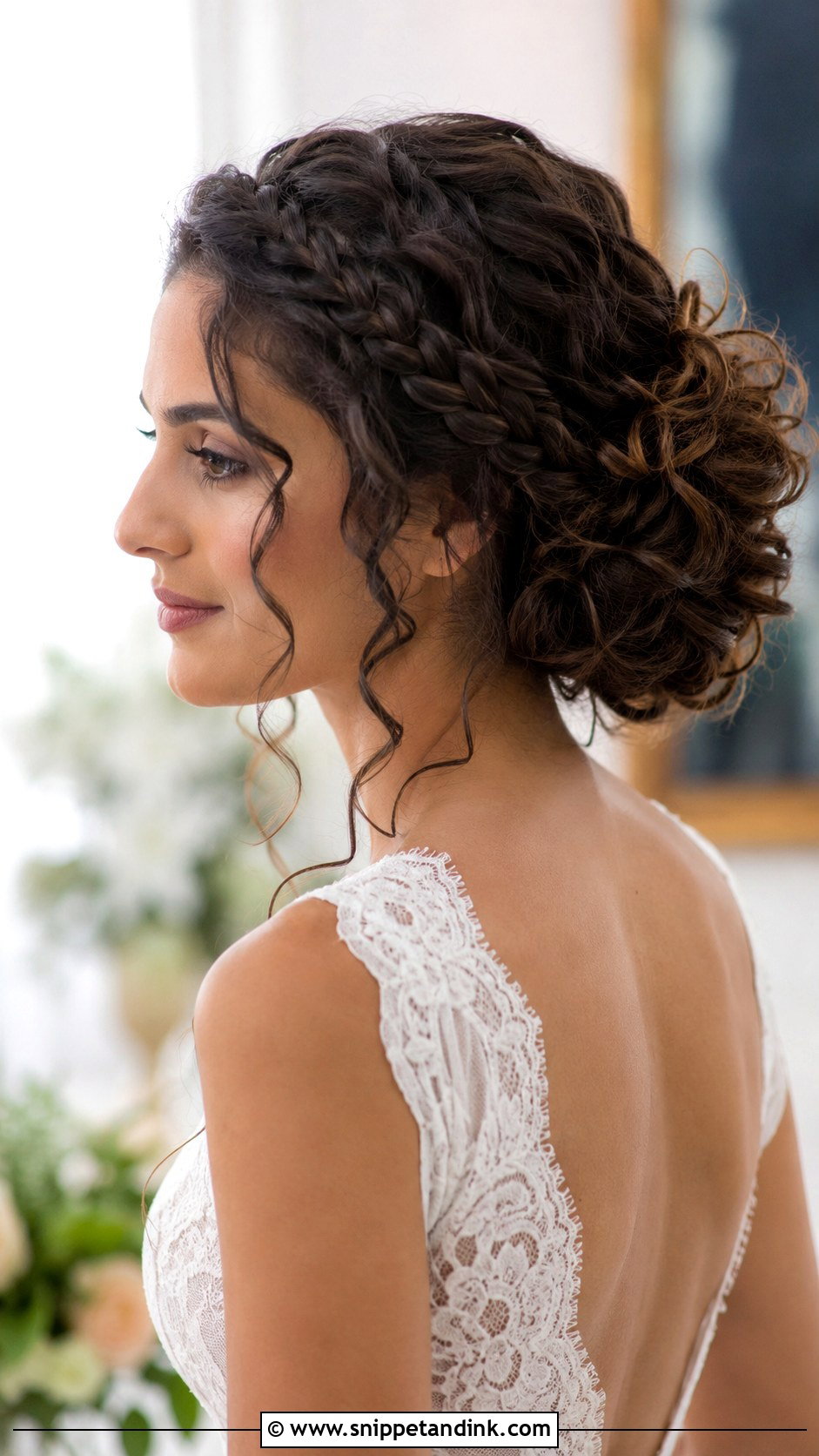 Curly Hair Updo With Side Braid - Snippet and Ink - 30 Curly Bridal Hair Ideas