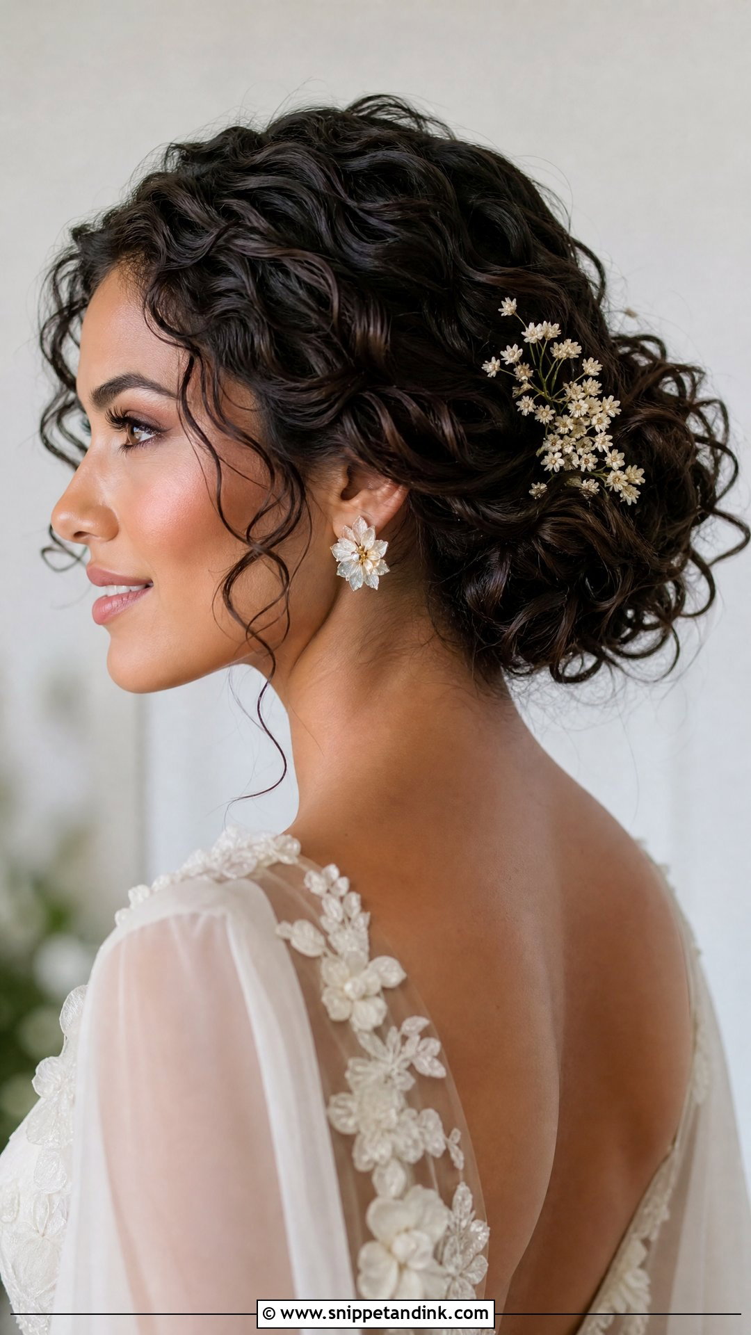 Curly Hair Wedding Bun With Flowers - Snippet and Ink - 15 Curly Hair Bun Wedding Ideas