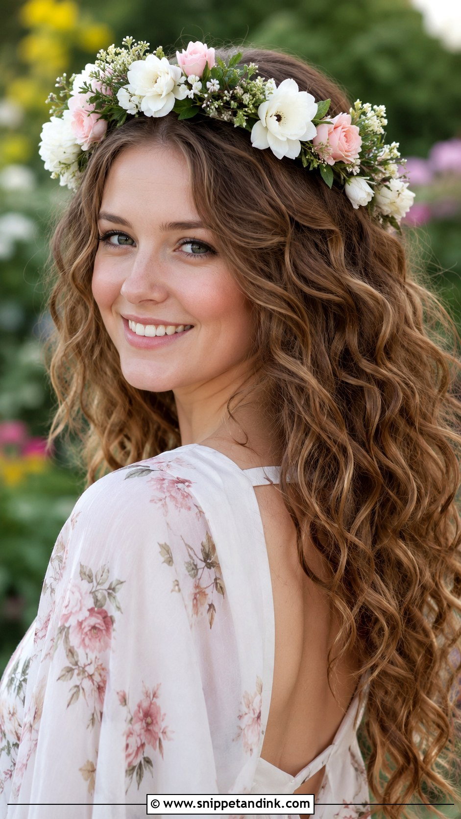 Curly Hair With A Flower Crown - Snippet and Ink - 25 Curly Hair Wedding Guest Styles