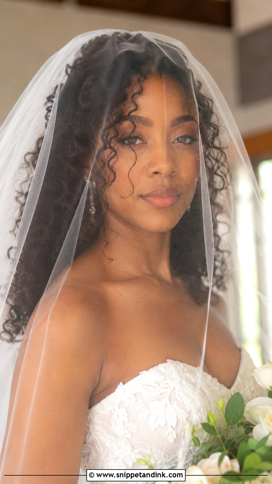 Curly Hair With Blusher Veil - Snippet and Ink - 25 Hair Down with Veil Ideas