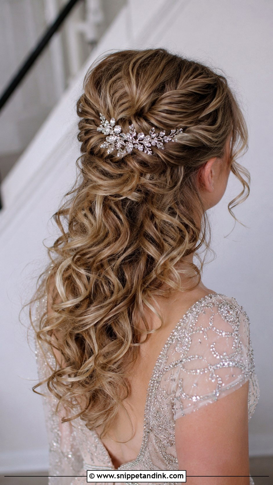 Curly Hair With Crystal Hairpiece - Snippet and Ink - 25 Long Curly Wedding Hair Ideas