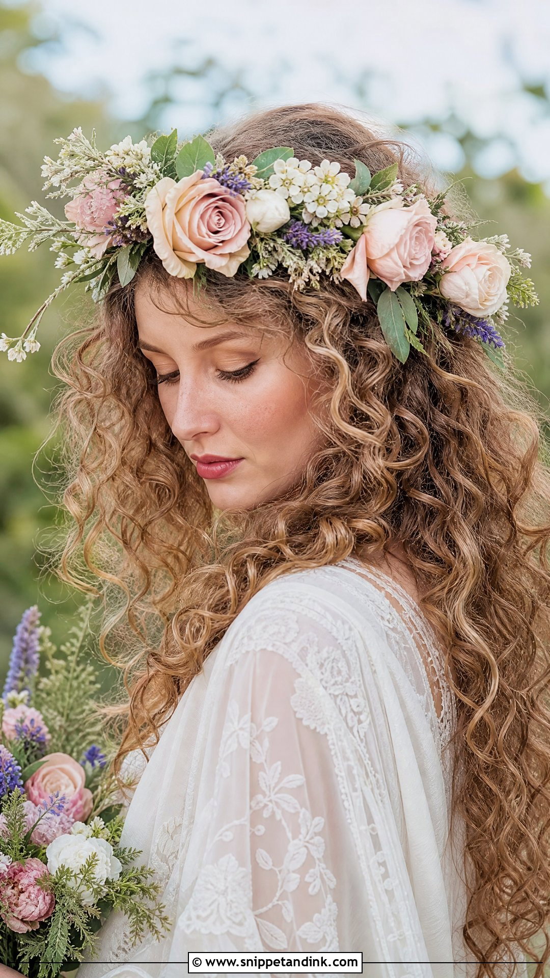 Curly Hair With Floral Crown - Snippet and Ink - 20 Naturally Curly Hair Wedding Styles