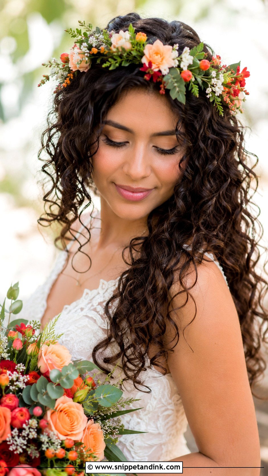 Curly Hair With Floral Crown - Snippet and Ink - 30 Curls Hairstyles for Wedding